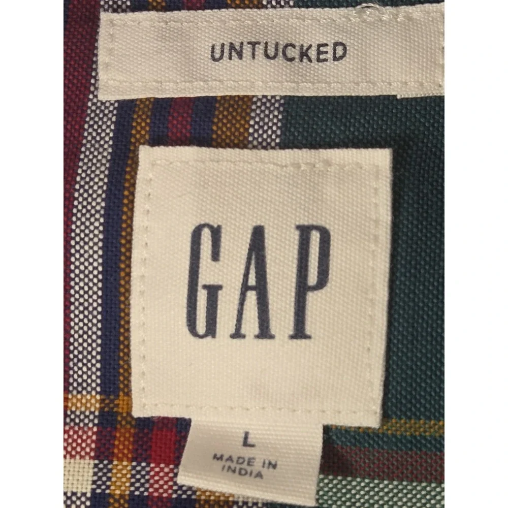 GAP Untucked Shirt Mens L Long Sleeve Blue Green Plaid Oxford Preppy Work Casual